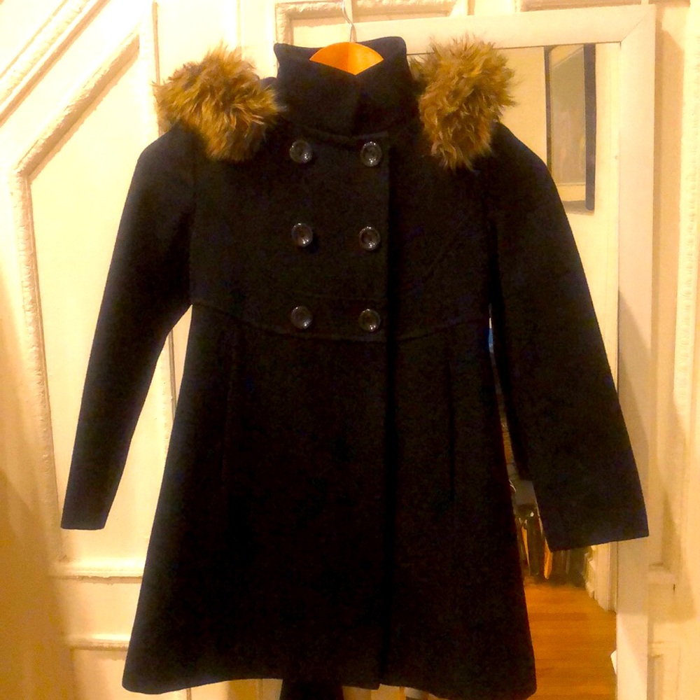 Rothschild Size 7, Black Girls Wool coat. Detachable faux fur lined hood.